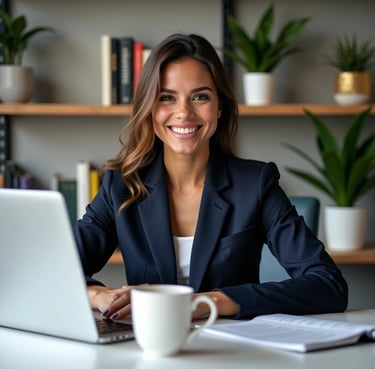 a woman in a suit and a cup of coffee