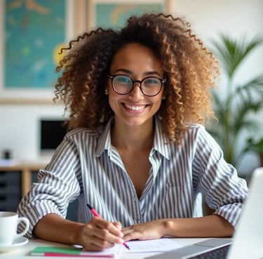 a woman sitting at a desk with a laptop and a notebook