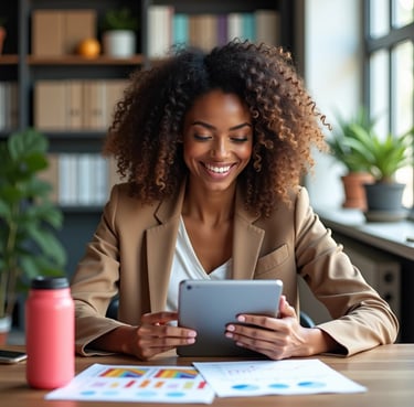 a woman sitting at a table with a tablet and a cup of coffee