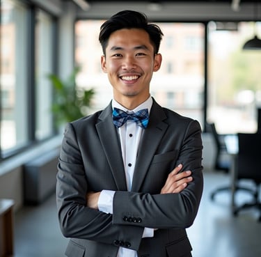 a man in a suit and bow tie standing in a room