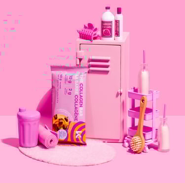fitness locker with fitness accessories and peanut butter collagen bar on pink background