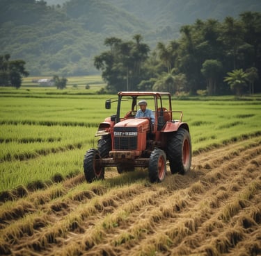 An industrial assembly area featuring several red agricultural machines in various stages of assembly. The foreground shows a bin filled with metal bolts. Overhead, there are cranes and hooks, suggesting a manufacturing environment. The machinery has visible engines and glass cabins.