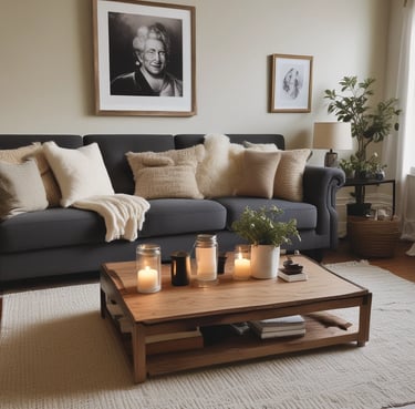 A cozy living room with a lit soy wax candle from karalienė.
