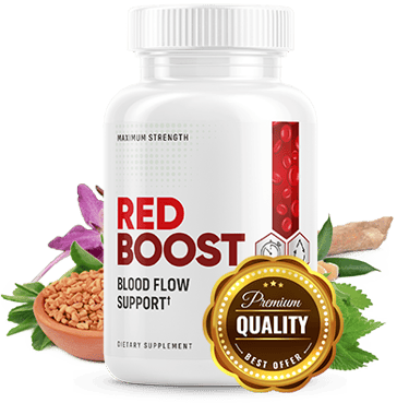 Red Boost blood flow support dietary supplement bottle with natural herbal ingredients.