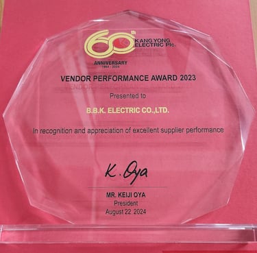 Vendor Performance Award to BBK Electric from customer on April 22th 2024 to show BBK hall of frame