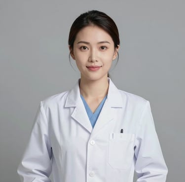 Portrait of a female neurologist in a white coat, looking professional and friendly. Soft studio lighting, clinical but accessible vibe. Neutral background.