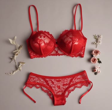 A collection of vibrant red lingerie and high-heeled shoes, with delicate lace details, is arranged on a wooden surface. The background features a fabric with text and butterfly illustrations, enhancing the romantic and elegant theme.