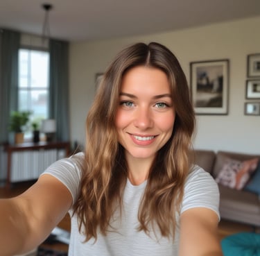 A peaceful pregnant woman holding the 'Kraft der Gedanken' affirmation card, smiling softly.