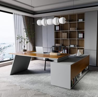 a modern office desk with a large window