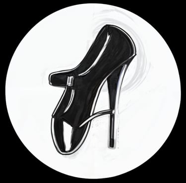 a black and white shoe with a high heel