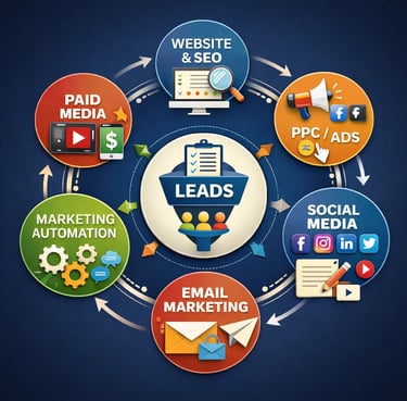 Ecosistema completo de canales de generación de leads digitales interconectados