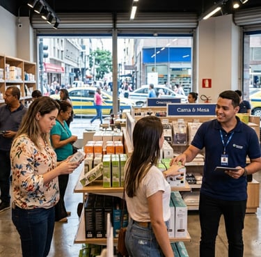 Loja de varejo brasileira com clientes olhando produtos em gôndolas organizadas