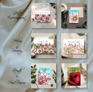 Six delicate cards displayed together, soft blooms and calming greenery, offering quiet reassurance.