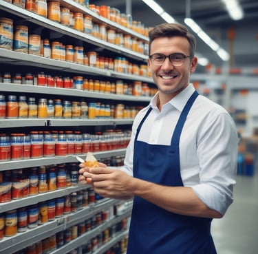 A satisfied customer standing next to a packaging machine.