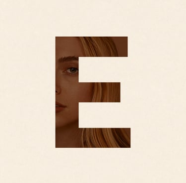 A blonde woman's face visible through a minimalist capital letter E cutout on a beige background.