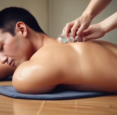 A person is lying face down with smooth black stones placed along their spine. Another person's hands are arranging the stones. Orchid flowers are present, adding a serene and natural touch to the scene. The setting suggests a spa or massage environment focused on relaxation.