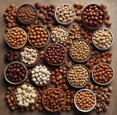 An assortment of dried fruits and nuts is arranged in decorative bowls and scattered on a dark surface. The bowls contain dried apricots, pistachios, and slices of dried pineapple. The intricate patterns on the bowls add an artistic touch to the rustic presentation.