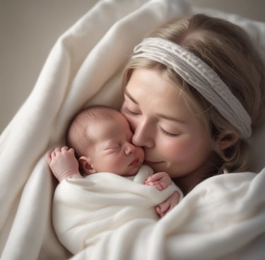 A newborn baby is lying on a soft, textured beige blanket. The baby is wearing a white diaper with the words 'respect nature' and a small plant graphic. Next to the baby is a plush toy resembling an animal dressed in a striped outfit.