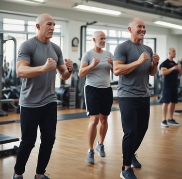 Several women are engaged in a yoga or workout session in a spacious room with large windows and a brick wall. They are wearing athletic clothing and are using yoga mats. The women appear focused and serene as they perform their exercises.