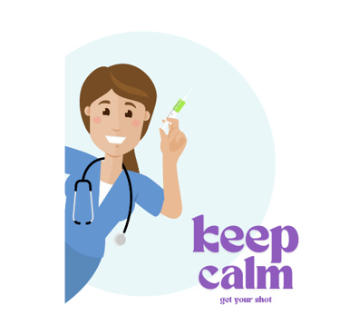 A lady nurse leaning out holding a syringe, with the words keep calm get your shot