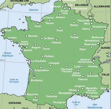 carte de france - magnetiseur teleconsultation nantes, paris, toulouse, lyon, brest, angers, tours