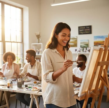 a woman is smiling while she is painting on a easel