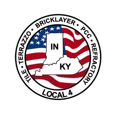 Local 4 bricklayer and tile union logo featuring Indiana and Kentucky maps over a US flag.