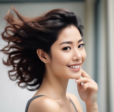 A colorful arrangement featuring skincare products, including bottles labeled 'function of beauty' for shampoo and conditioner. Small boxes for haircare booster shots are also present. The scene is accentuated with vibrant flowers in vases and pastel-colored pom-poms scattered around.