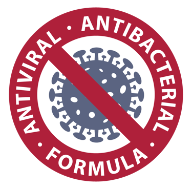 Red circular badge: "Antiviral, Antibacterial Formula" with a crossed-out virus.