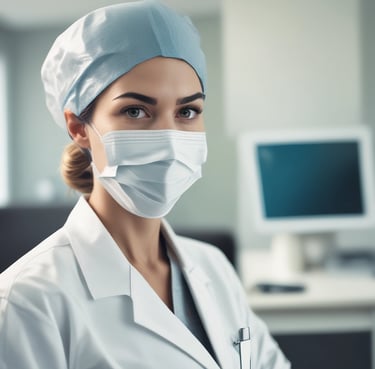 A dental professional is wearing a mask and a blue surgical cap adorned with dental-themed prints. She is looking back towards the camera in a dental clinic setting. Another person in a white uniform is seated in the background near dental equipment. The room is bright and clean, featuring dental chairs and tools.