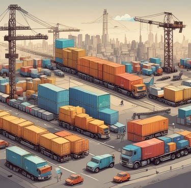 A large cargo ship is loaded with multiple shipping containers stacked high. Cranes labeled 'Terminal Burchardkai' are positioned above, suggesting the loading or unloading process is underway. The ship is sailing through a body of water with a cloudy sky overhead. The containers are colorful and bear various company logos.