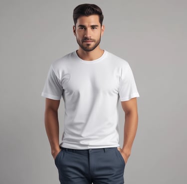 The focus is on a computer screen displaying an online store featuring T-shirts with various graphic designs. The left side of the image is blurred, showing indistinct colors and shapes, possibly a menu or food items.