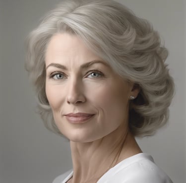 a woman in a green apron standing in front of a table filled with oranges