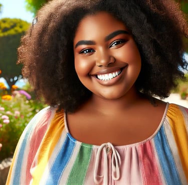 a woman with a large afro hair and a colorful striped top