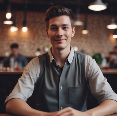 man and woman talking in front of gray tabletop inside shop