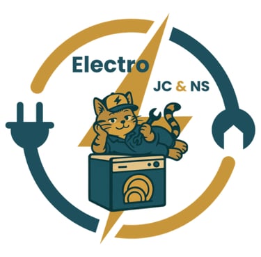 Logo Electro JC & NS avec un chat électricien, un éclair, une prise et un casque audio en bleu pétrole et doré.