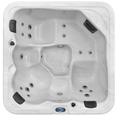 a hot tub with a white tub and a black background