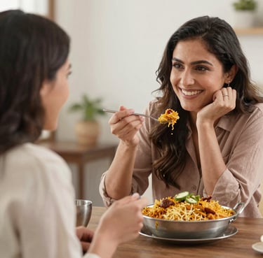 A smiling customer enjoying a vibrant plate of biryani at home.