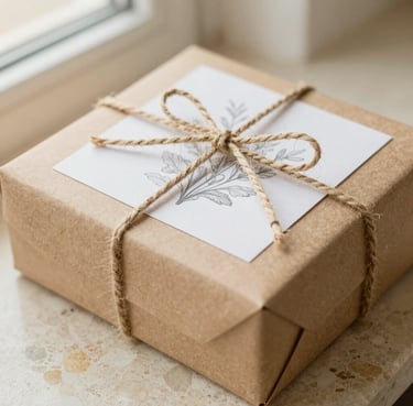 Close-up portrait of a textured kraft paper gift box tied with natural linen twine, a delicate botanical line art illustration printed on the white label, resting on warm-toned travertine stone under soft diffused light.