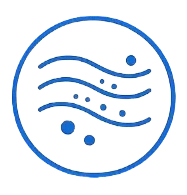 A blue circular icon depicting stylized water waves and bubbles on a black background.