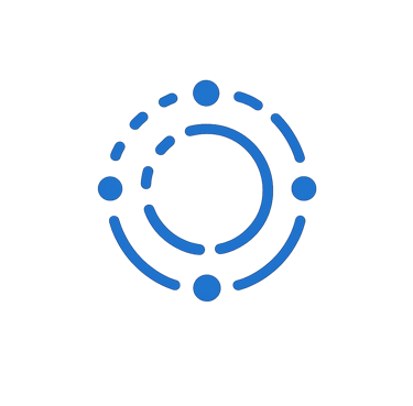 A blue abstract circular tech logo with dashed orbital lines and dots on a black background.