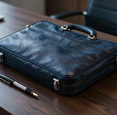 A close-up shot of a high-quality leather briefcase and a professional fountain pen on a dark wood desk in a contemporary South American / Brazilian executive office, moody lighting with hints of dark slate blue and muted steel blue.