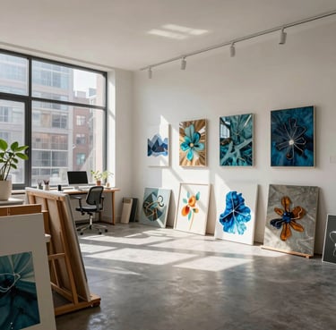 A wide shot of an elegant, modern art studio in an International / Global city, with sunlight streaming across canvases and finished resin art.