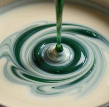 Macro shot of liquid resin being mixed, showing beautiful swirls of Almond White and Deep Green before it sets.