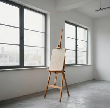 A minimalist art studio view with large windows and white walls, a single easel standing, calm and professional environment, International / Western.
