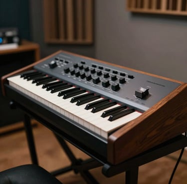 A professional analog synthesizer with wooden side panels in a dimly lit studio, soft warm grey and deep brown tones, sophisticated atmosphere.