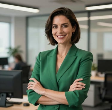 A portrait of a professional woman in a modern North American / US office, smiling confidently, dressed in professional matte forest green attire.