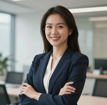 Portrait of a confident Vietnamese businesswoman smiling in a bright, modern corporate setting, wearing professional attire.