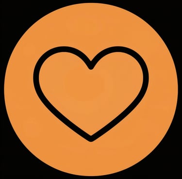 Black heart icon outlined on a orange circular background for digital social media likes.