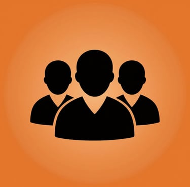 Black minimalist community icon representing people or users on a orange circular background.
